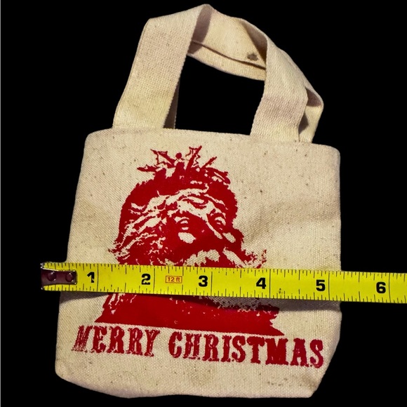 Vintage Christmas Canvas Tote Bag Painted Santa Claus Wood Handle 4.5” X 5.5” - Picture 4 of 5